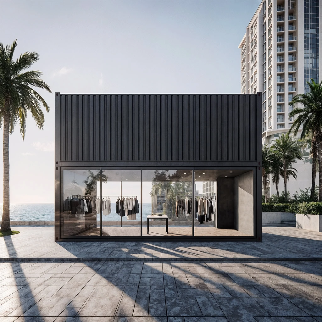Conteneur transformé en boutique éphémère vitrée face à la mer