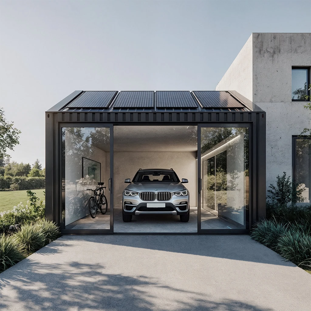 Conteneur en garage vitré avec panneaux solaires sur le toit