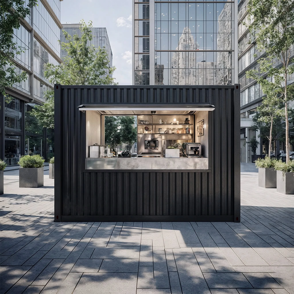 Conteneur kiosque à café avec comptoir ouvert sur une place